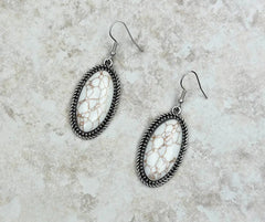 Silver Oval Dangle Earrings With White Stone