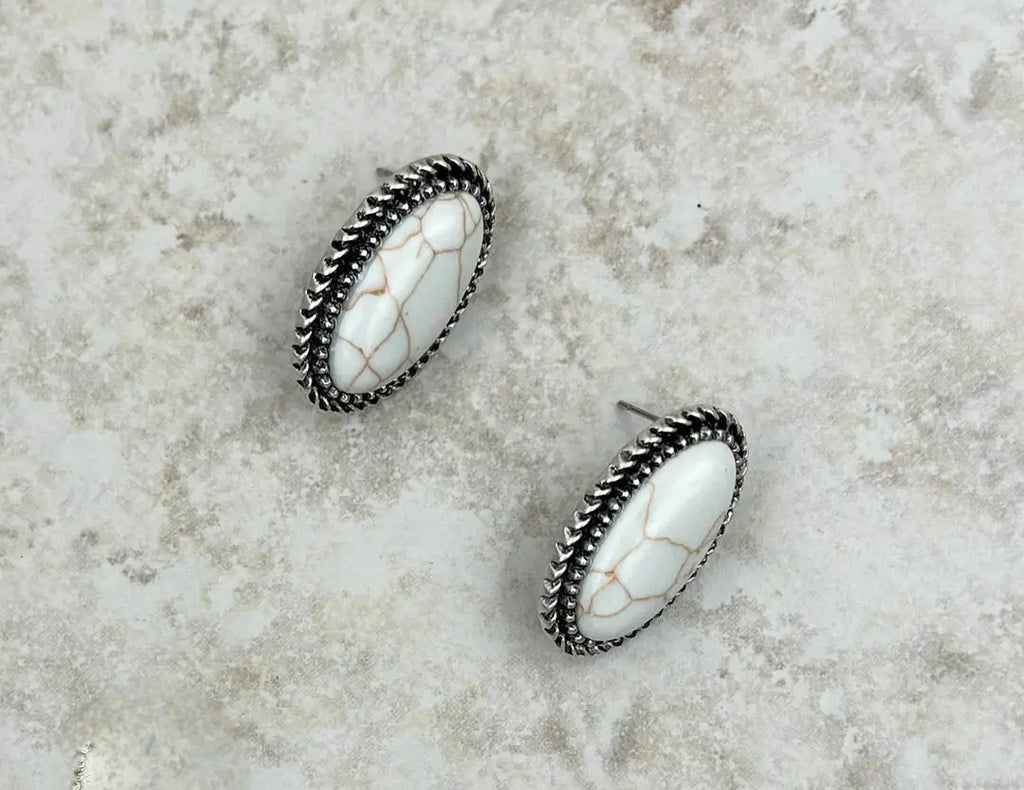 Silver Oval Post Stud Earrings With White Stone