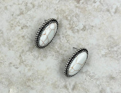 Silver Oval Post Stud Earrings With White Stone