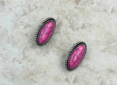 Silver Oval Stud Earrings With Hot Pink Stone
