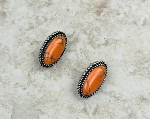 Silver Oval Stud Earrings With Orange Stone