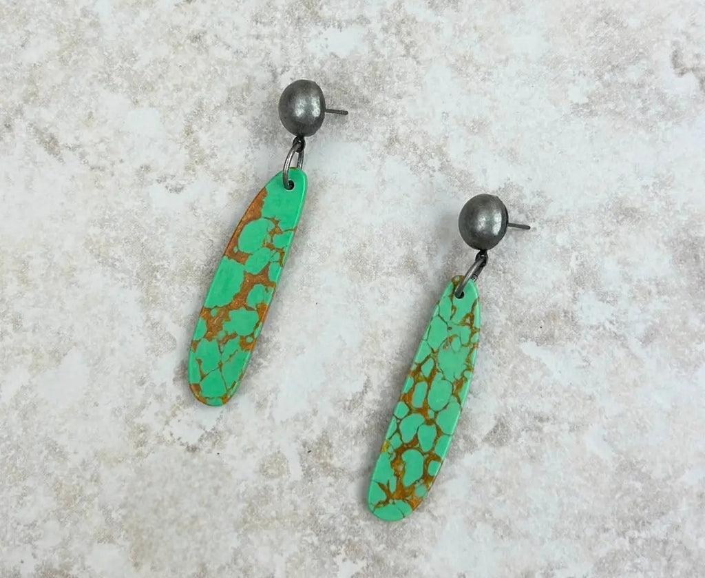 Silver Teardrop Dangle Earrings With Green Stone