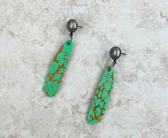Silver Teardrop Dangle Earrings With Green Stone