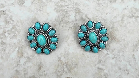 Silver/Blue Turquoise Floral Concho Stud/Post Earrings