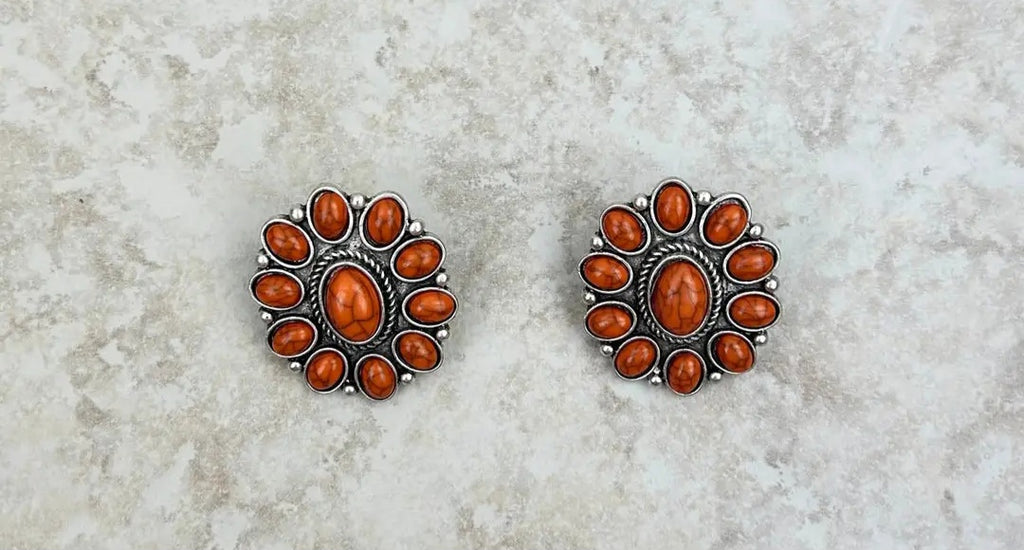 Silver/Orange Stone Floral Concho Stud/Post Earrings