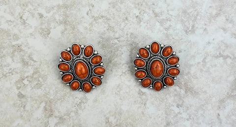 Silver/Orange Stone Floral Concho Stud/Post Earrings
