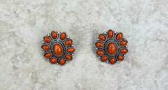 Silver/Orange Stone Floral Concho Stud/Post Earrings