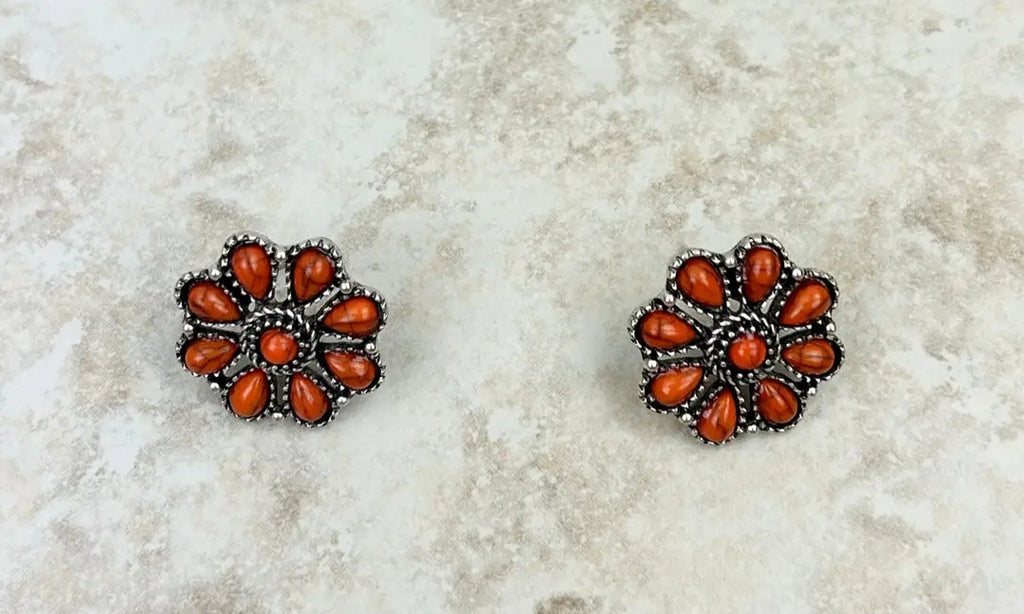 Small Silver/Orange Stone Floral Concho Stud Earrings