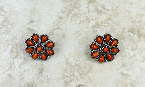 Small Silver/Orange Stone Floral Concho Stud Earrings