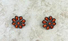 Small Silver/Orange Stone Floral Concho Stud Earrings