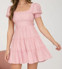 Square Neck Ruffle Detail Tiered Mini Dress