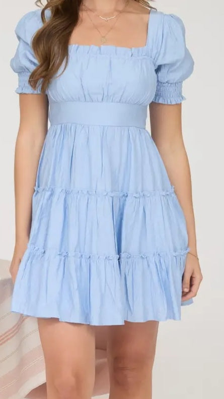 Square Neck Ruffle Detail Tiered Mini Dress