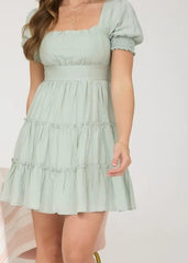 Square Neck Ruffle Detail Tiered Mini Dress