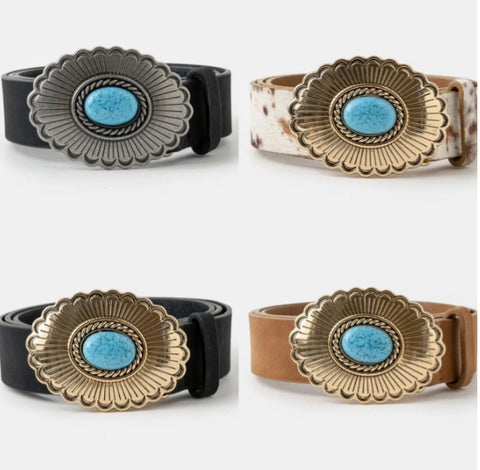 Large Western Turquoise Buckle Vegan Leather Belt