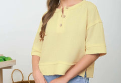 Raw Edge Henley Short Sleeve Waffle Knit Top