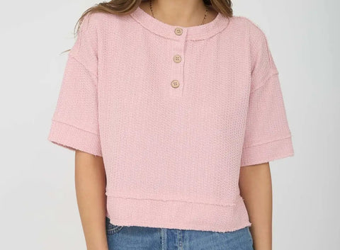 Raw Edge Henley Short Sleeve Waffle Knit Top