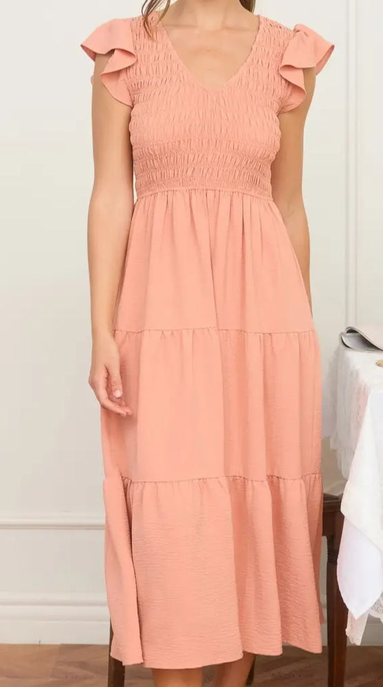 Flutter Sleeve V Neck Smocked Midi Dress