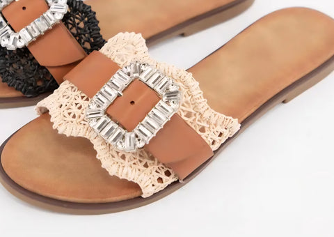 Woven Upper With Crystal Buckle Detailed Sandals