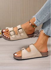 Embroidered Trim Retro Buckle Faux Suede Sandals