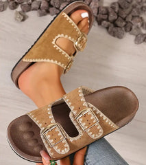Embroidered Trim Retro Buckle Faux Suede Sandals