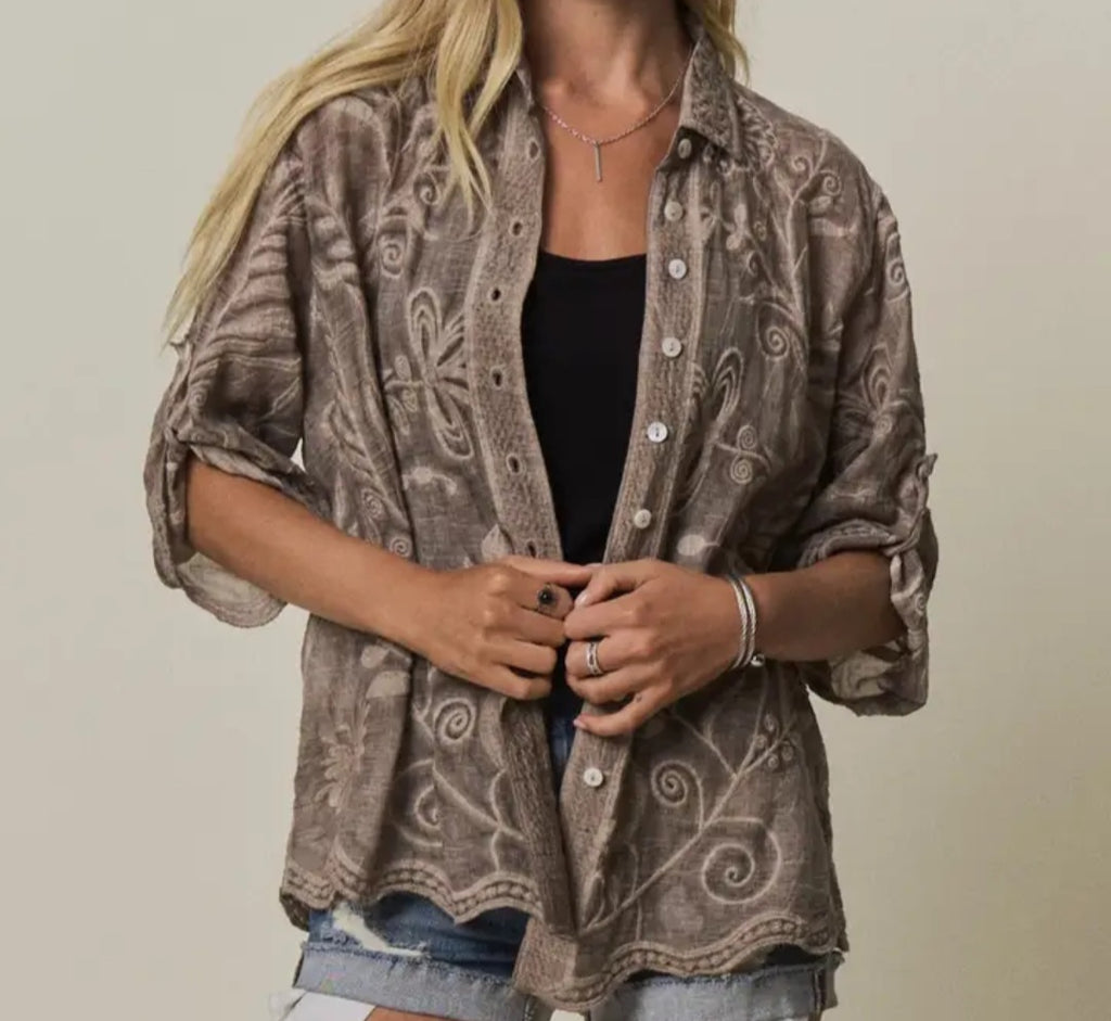 Boho Embroidered Button-Down Top