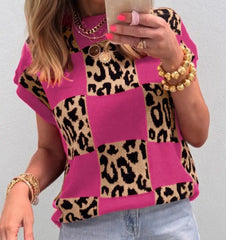 Leopard Checkerboard Short Sleeve Sweater