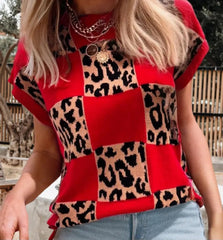 Leopard Checkerboard Short Sleeve Sweater