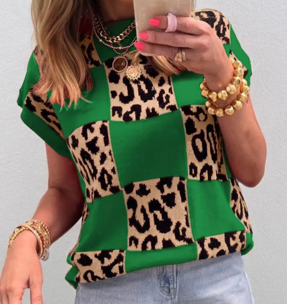 Leopard Checkerboard Short Sleeve Sweater