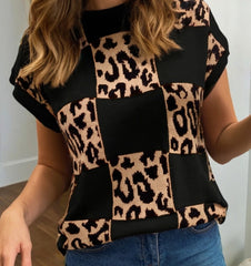 Leopard Checkerboard Short Sleeve Sweater