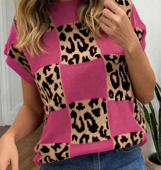 Leopard Checkerboard Short Sleeve Sweater