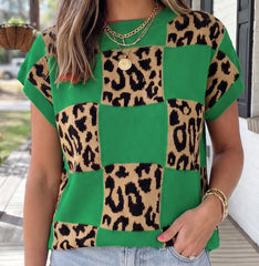 Leopard Checkerboard Short Sleeve Sweater