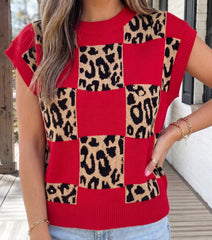 Leopard Checkerboard Short Sleeve Sweater