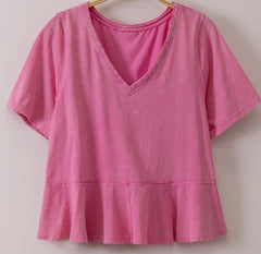 Lace Trim Detail Mineral Washed V-Veck Knit Top