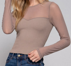 Long Sleeve Round Neck Seamless Mesh Top