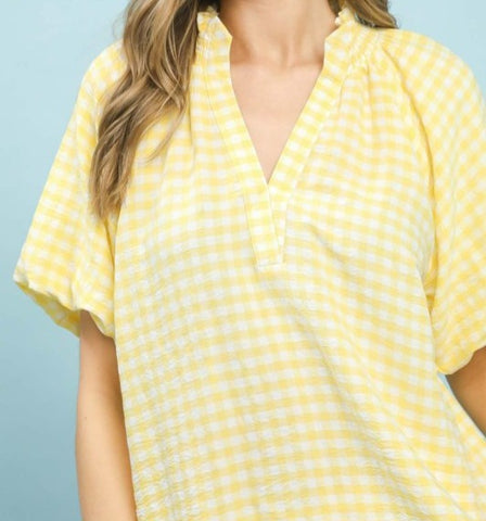 Gingham Bubble Sleeve V-Neck Top With Scallop Hem