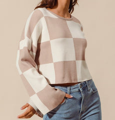 Checkered Crop Sweater With Bell Sleeves