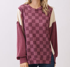 Checkered Print Long Sleeve Pullover Top