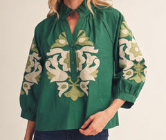 Ruffled Neckline Baroque Applique Top