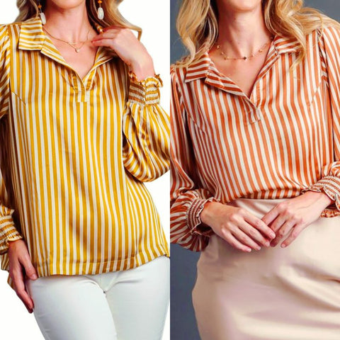 Striped Collared Long Sleeve Top