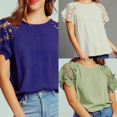 Solid Top With Floral Crochet On Sleeves