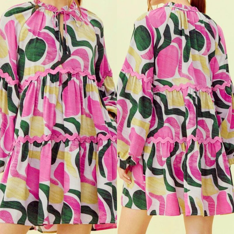 Abstract Print Tassel Neck Dress