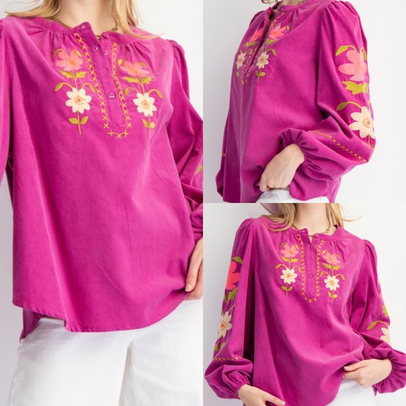 Corduroy Floral Embroidered Button Down Top