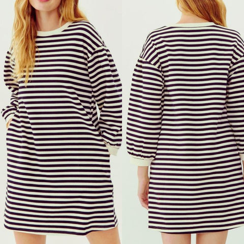 Striped 3/4 Bubble Sleeve Dress