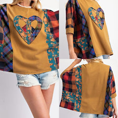 Print Mix Heart Peace Patch Terry Knit Top