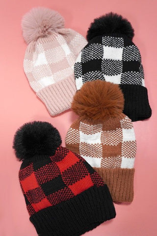 Checker Faux Fur Pom Pom Beanie