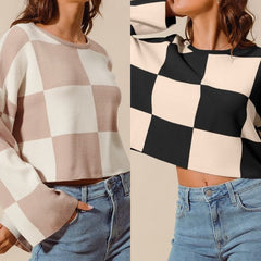 Checkered Crop Sweater With Bell Sleeves