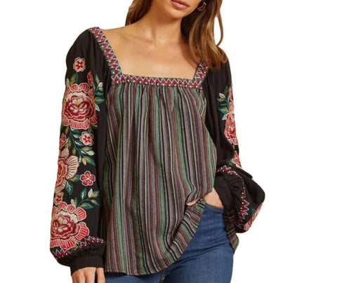 Floral Embroidered/Stripe Top