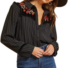 Floral Embroidered Velvet/Stripe Top