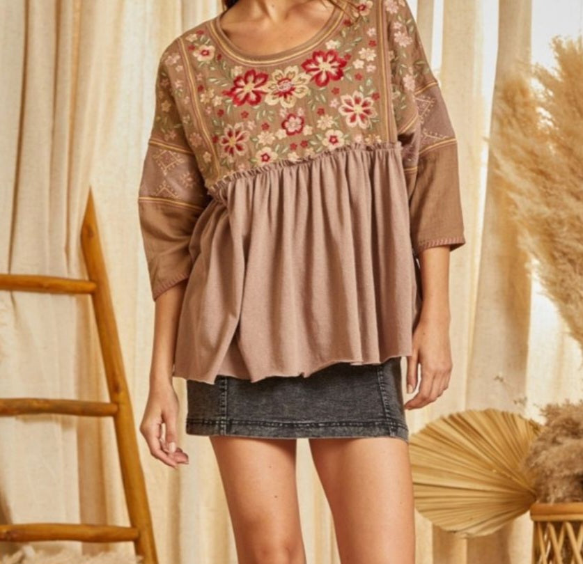 Floral Embroidered Babydoll Top