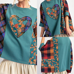 Print Mix Heart Peace Patch Terry Knit Top